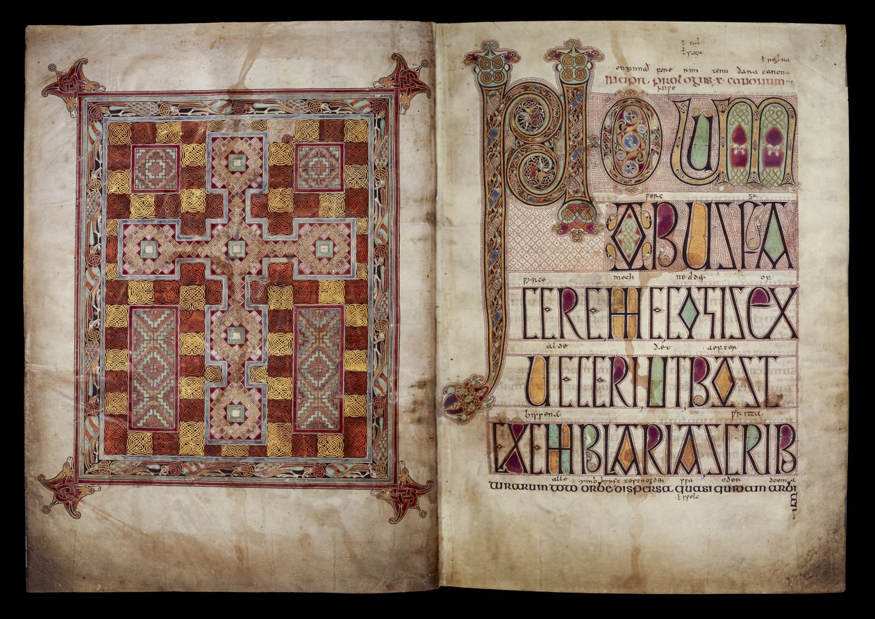 Mattosivu ja Incipit-sivu, jotka johdattelevat Pyhän Hieronymuksen kirjeen paavi Damasukselle, Cotton Nero D. IV, f.2v ja f.3r Lindisfarne-evankeliumeista, 710-721 (pergamentti). tekijältä English School
