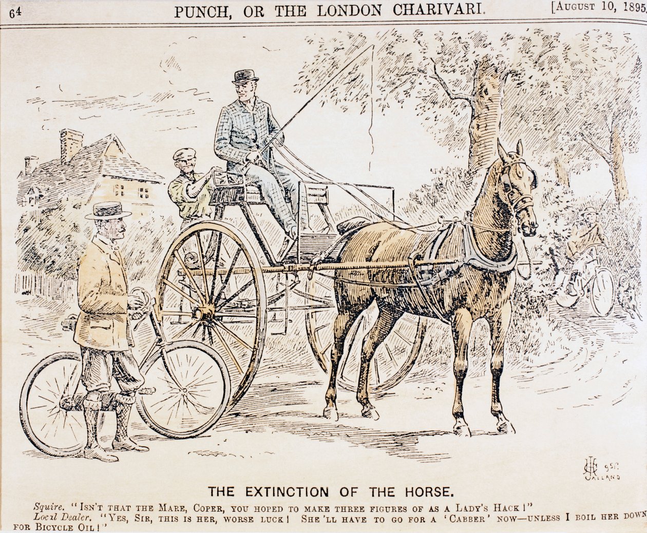 Sarjakuva polkupyörien ja moottoroidun liikenteen tulemisesta ja sitä seuranneesta hevosliikenteen päättymisestä, Punch-lehdestä, 10. elokuuta 1895 tekijältä English School