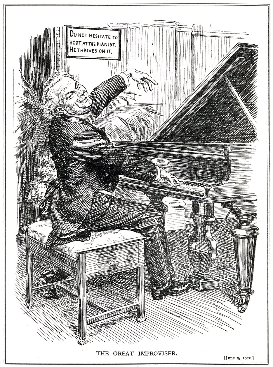 Sarjakuvalamppu LLoyd George suurena improvisoijana tai Improvisaatio-torien johtajana, kesäkuu 1920 tekijältä English School