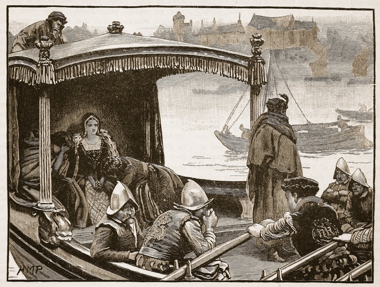 Catherine Howard kuljetetaan Toweriin, kuvitus Cassells Illustrated History of Englandista (seepiakuva) tekijältä English School