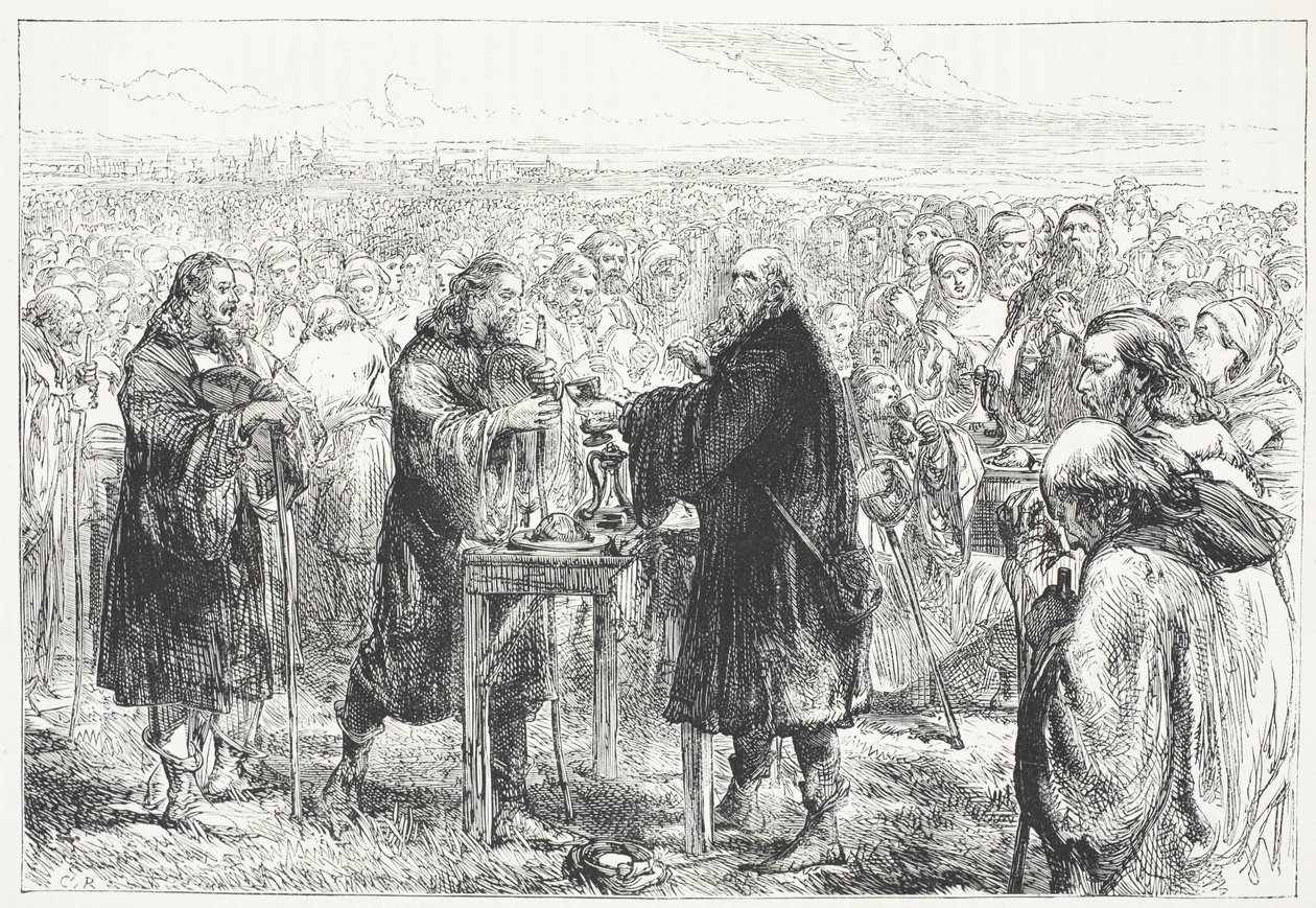 Hussilaisten eukaristian vietto pellolla lähellä Prahaa, esimerkki James Aitken Wylien (1808-1890) teoksesta Protestantismin historia, pub. 1878 tekijältä English School