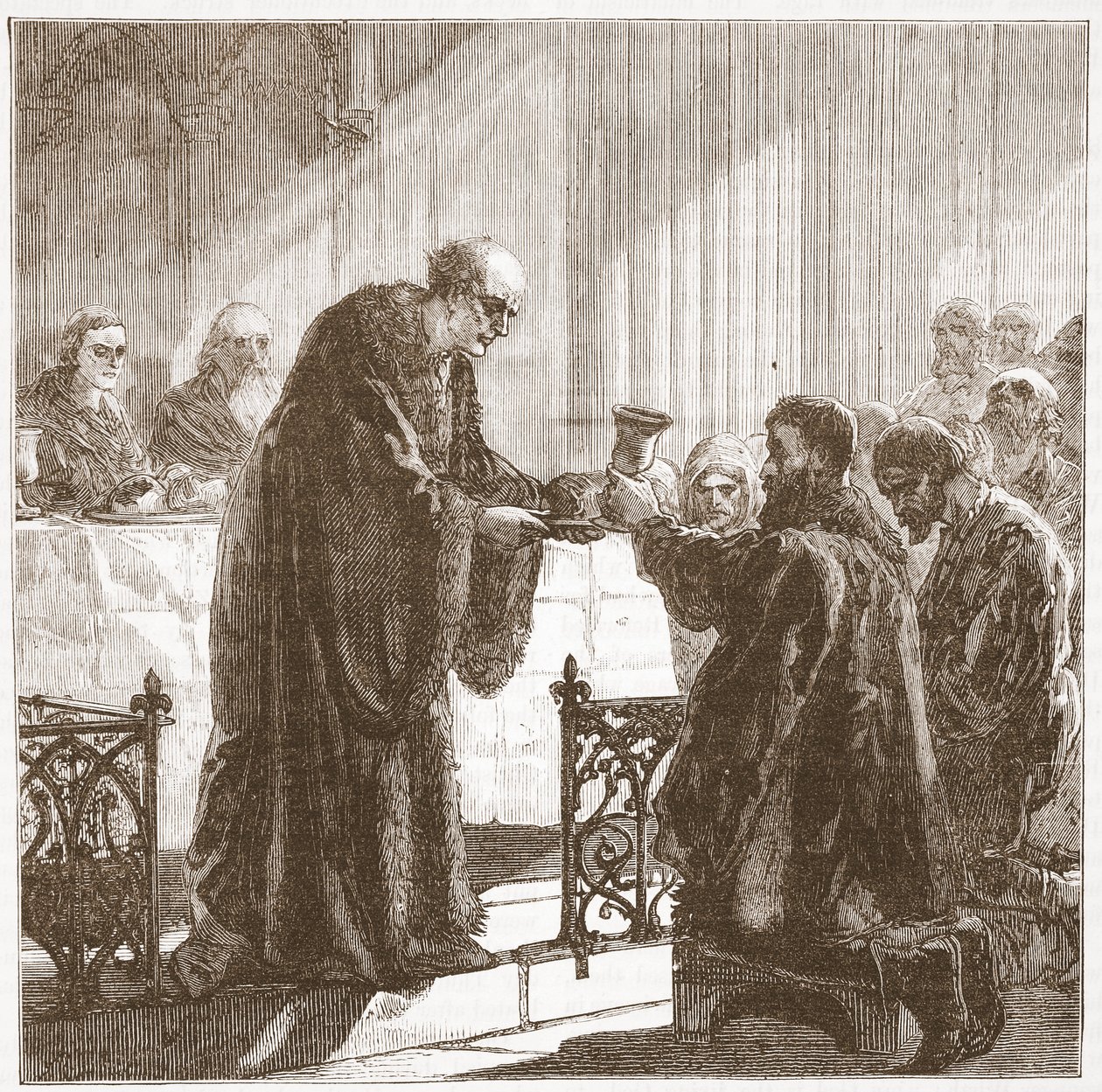 Zurichien järjestämä Herran ehtoollinen protestanttisessa muodossa, kuvitus James Aitken Wylien (1808-1890) teoksesta The History of Protestantism, pub. 1878 tekijältä English School