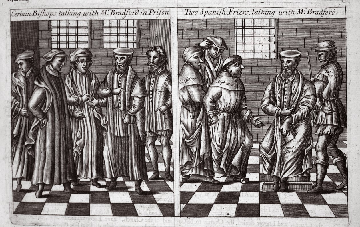 Tietyt piispat keskustelevat herra Bradfordin kanssa vankilassa ja kaksi espanjalaista Frieriä keskustelemassa herra Bradfordin kanssa, kuvitus John Foxen teoksista Acts and Monuments, yhdeksäs painos, pubi. 1684 tekijältä English School