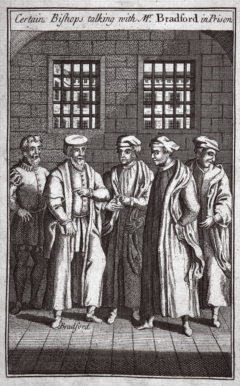 Tietyt piispat keskustelemassa herra Bradfordin kanssa vankilassa, kuva Foxes Martyrsista n. 1703 tekijältä English School