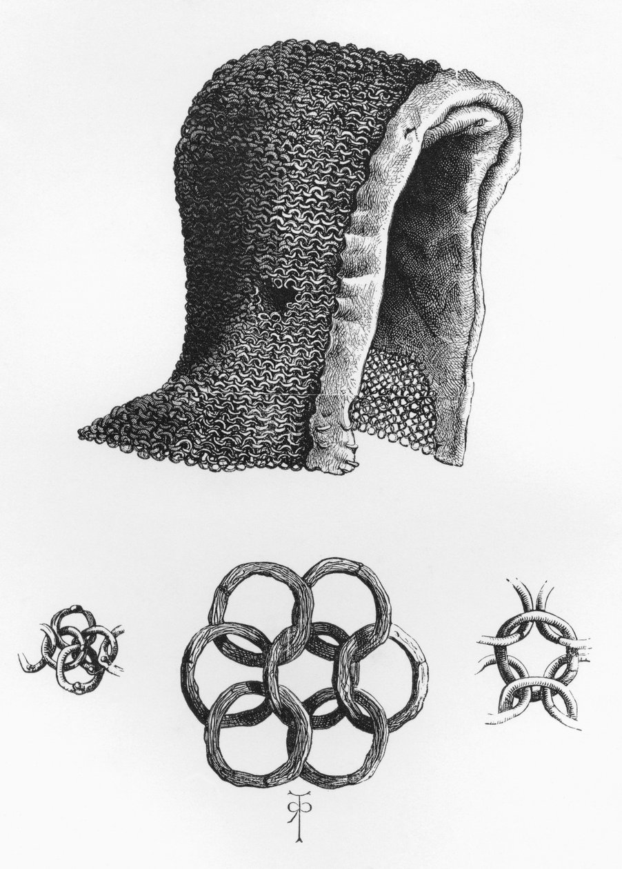 Ketjupostihuppu ja esimerkki lukittavasta ketjupostista, c. A.D. 1120, julkaisusta The British Army: Its Origins, Progress and Equipment, julkaistu 1868. tekijältä English School