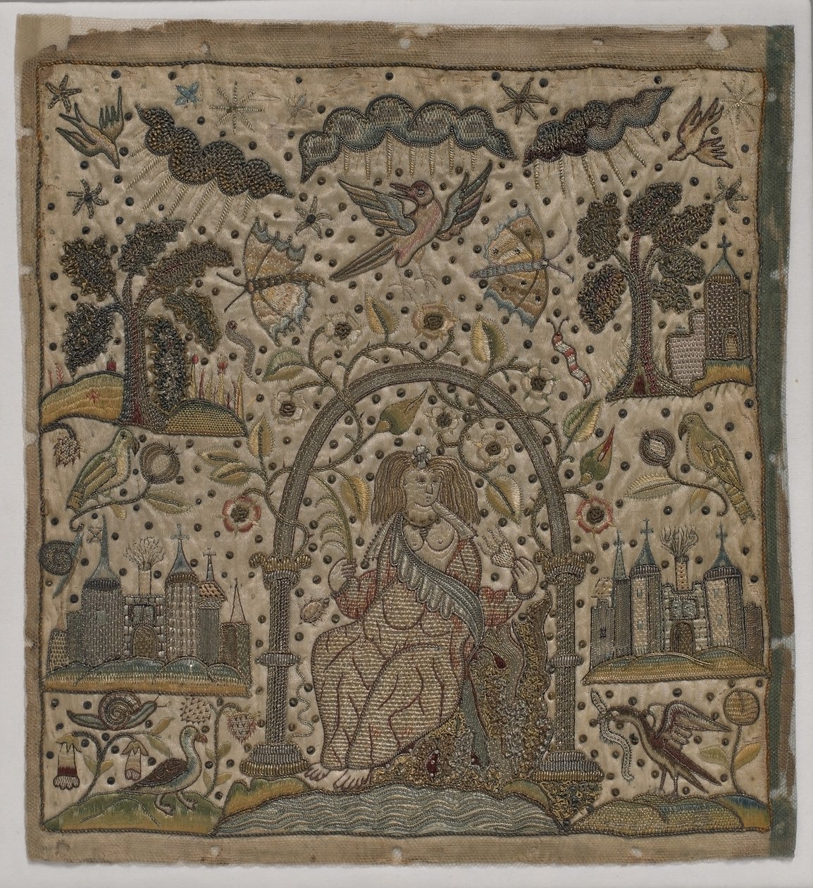 Hyväntekeväisyyttä kaaren alla, n. 1640 (silkki, metallilangat ja kiilot satiinilla) tekijältä English School