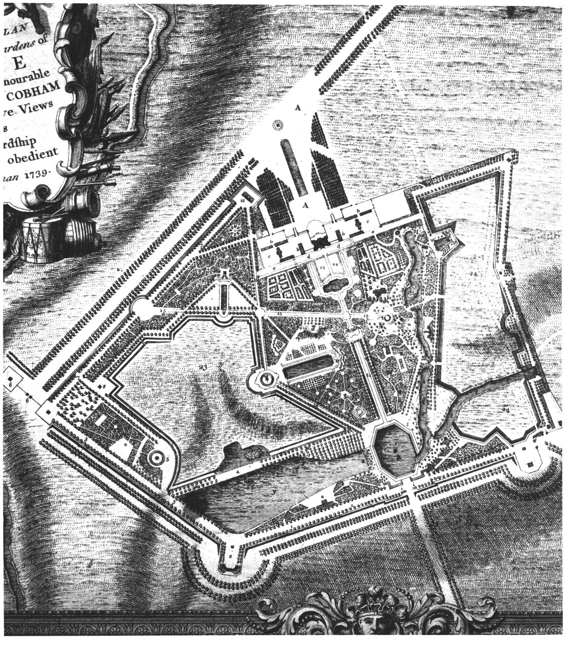 Charles Bridgemansin (fl.1713-38) suunnitelma Stowe Gardensia varten rouva Charles Bridgemanin vuonna 1739 julkaisemasta kirjasta Stowen näkymistä (katso William Kentsin myöhemmän suunnitelman 140583) tekijältä English School