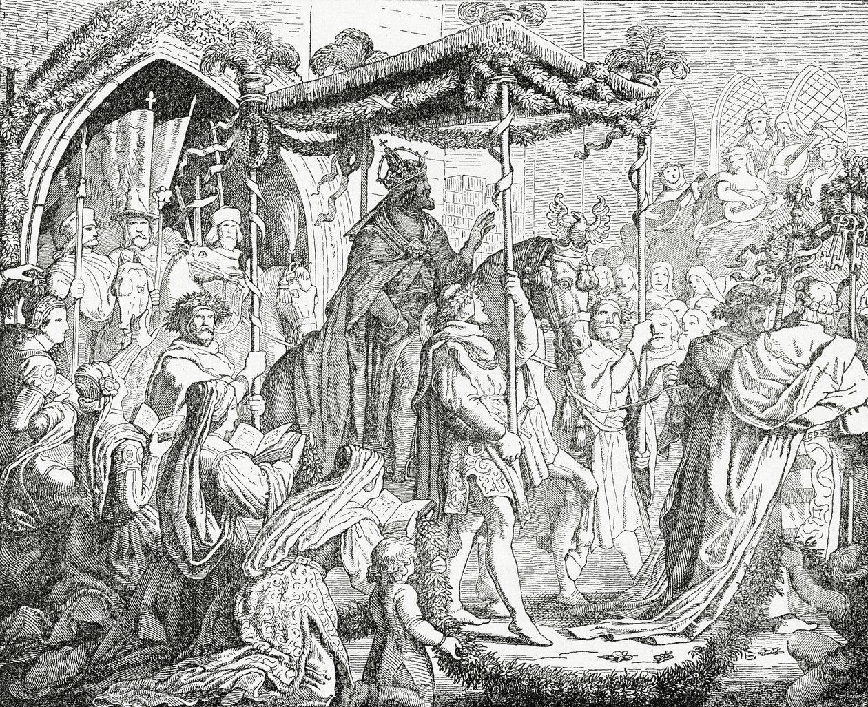 Kaarle IV, Pyhän Rooman keisari, vierailemassa paavi Urbanus V:n luona Avignonissa vuonna 1365, 1882 tekijältä English School