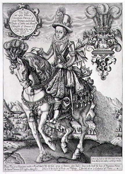 Charles I Walesin prinssinä hevosen selässä, "Kuninkaiden kirjasta", kaiverrus Renold Elstrack (1571-n. 1630) 1618 (kaiverrus) tekijältä English School