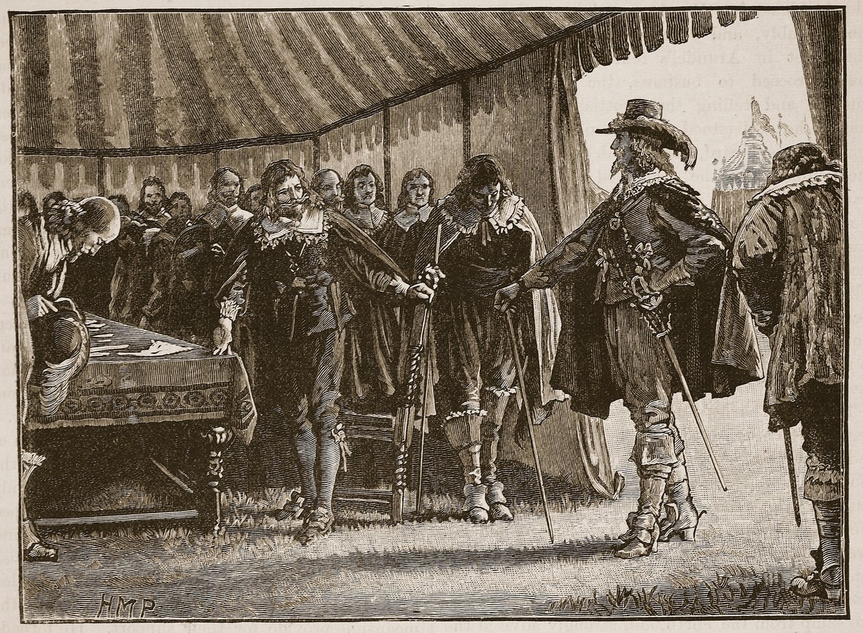 Charles ja Scottish Commissioners, kuvitus Cassells Illustrated History of Englandista (seepiakuva) tekijältä English School