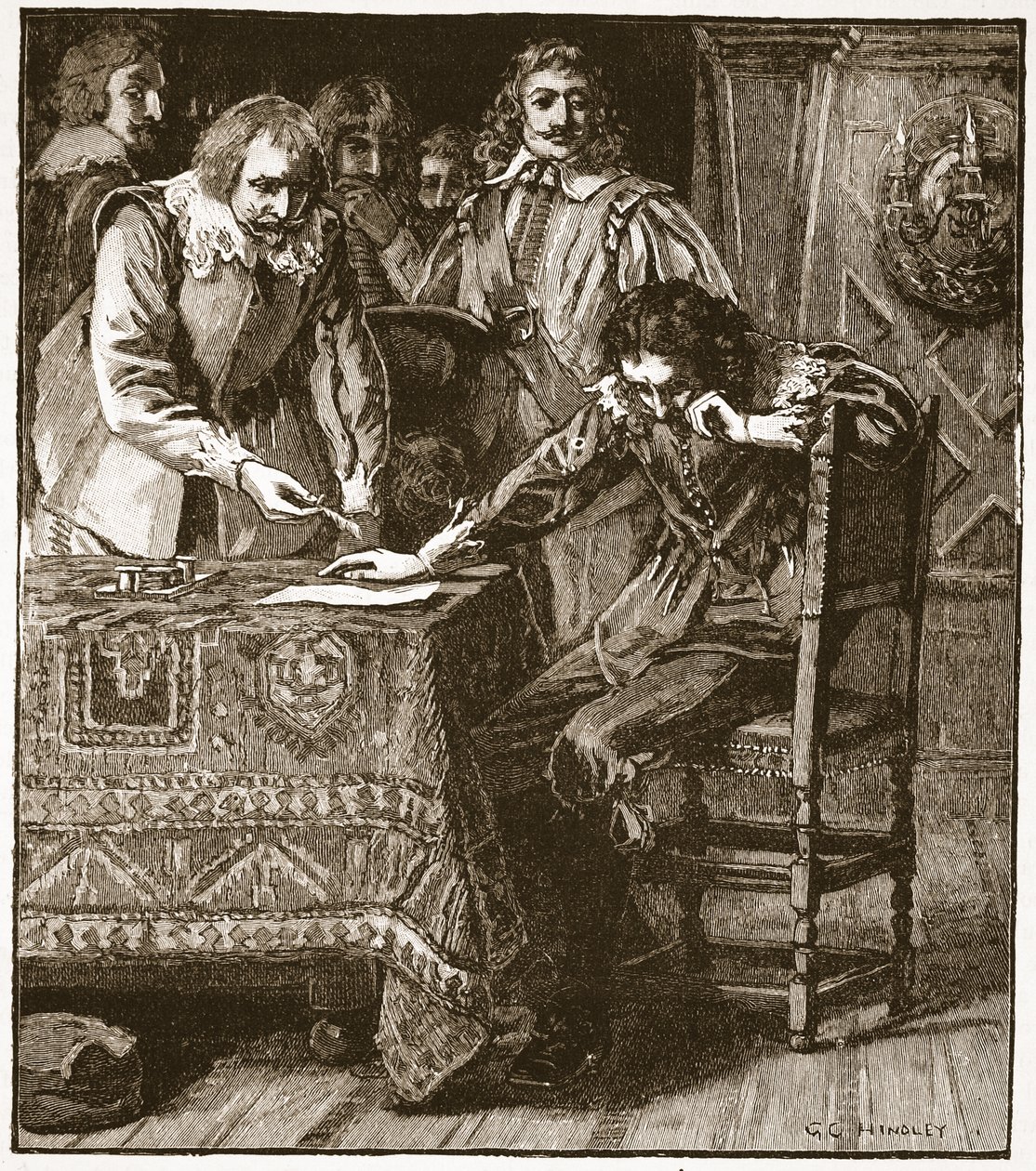 Charles allekirjoittaa hyväksyntäsopimuksen Straffords Attainderille, kuvitus Cassells Illustrated History of Englandista (seepiakuva) tekijältä English School
