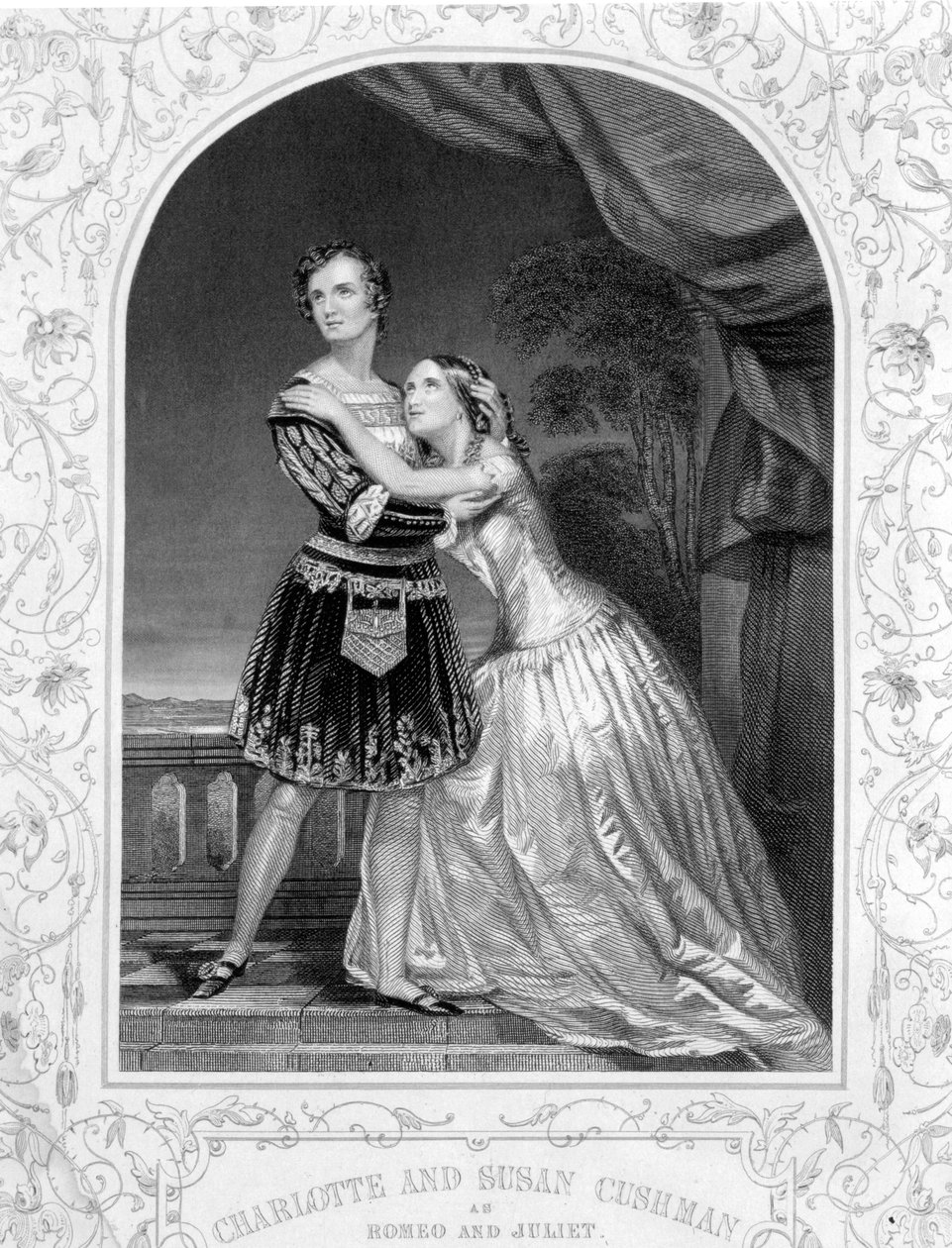 Charlotte ja Susan Cushman Romeon ja Julian roolissa, Romeo ja Julia, III näytös, kohtaus 5, daguerrotypiasta, pubista. Kirjailija: John Tallis & Co. tekijältä English School