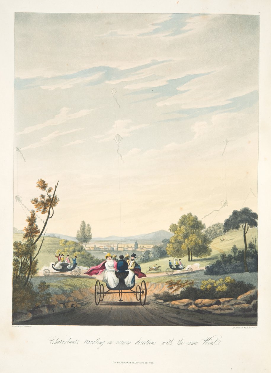 Chervolents, jotka matkustavat eri suuntiin samalla tuulella, julkaisusta "Aeropleustic Art, or Navigation in the Air, by the Use of Kites, or Booyant Sails, pub. 1827 (käsinvärinen akvatinta) tekijältä English School