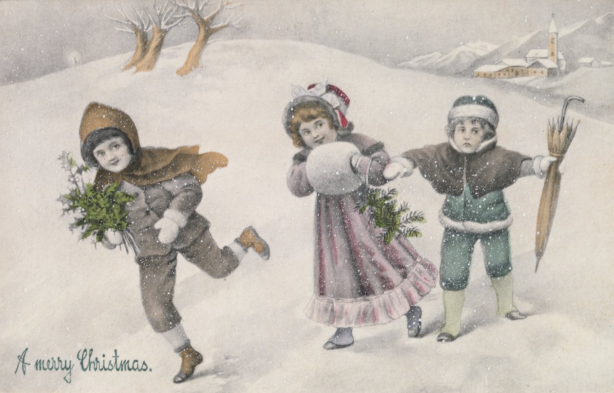 Lapset lumessa, viktoriaaninen postikortti (printti) tekijältä English School