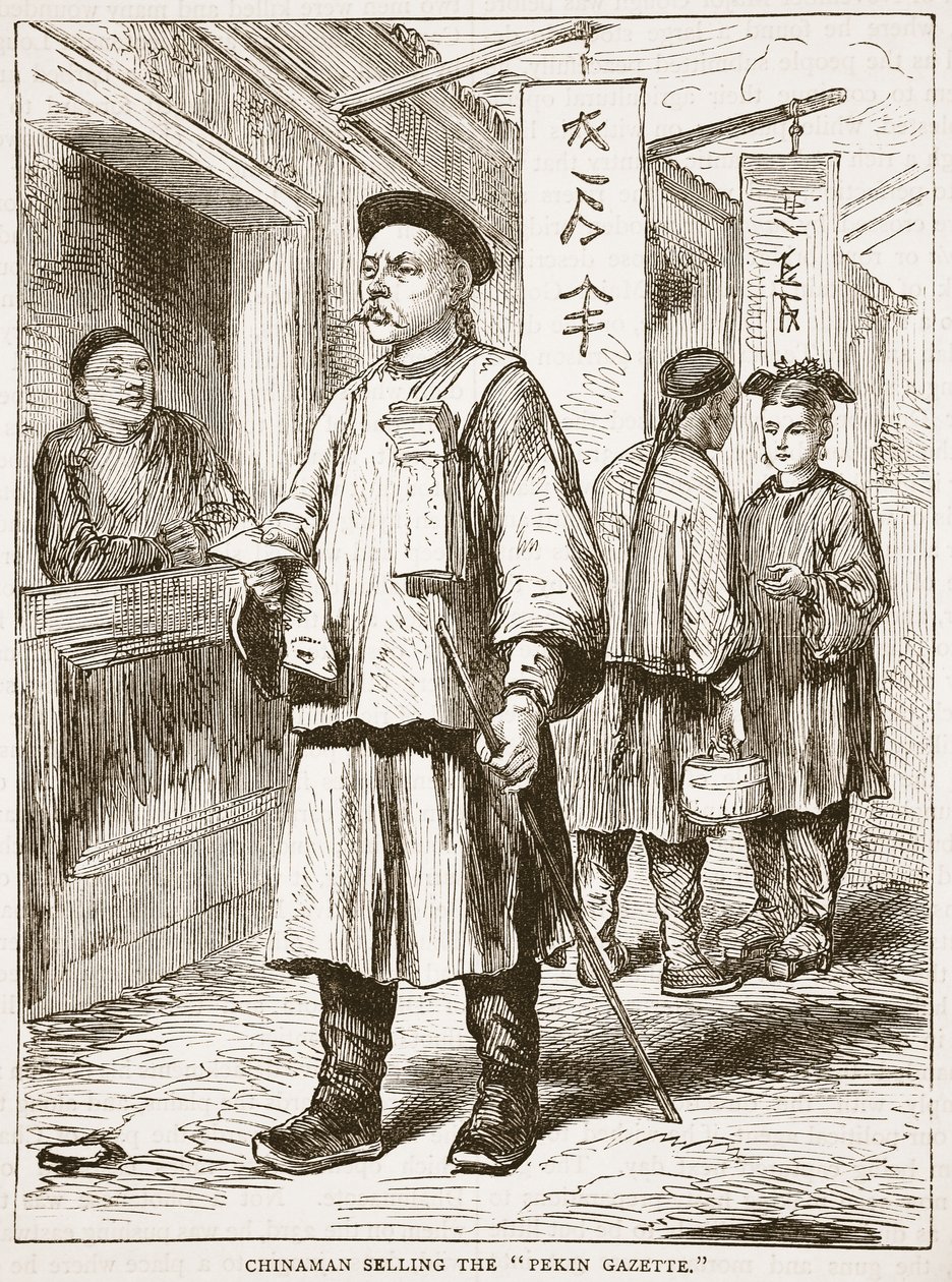 Kiinalainen myy Peking Gazettea, kuvitus Cassellin Englannin kuvitetusta historiasta tekijältä English School