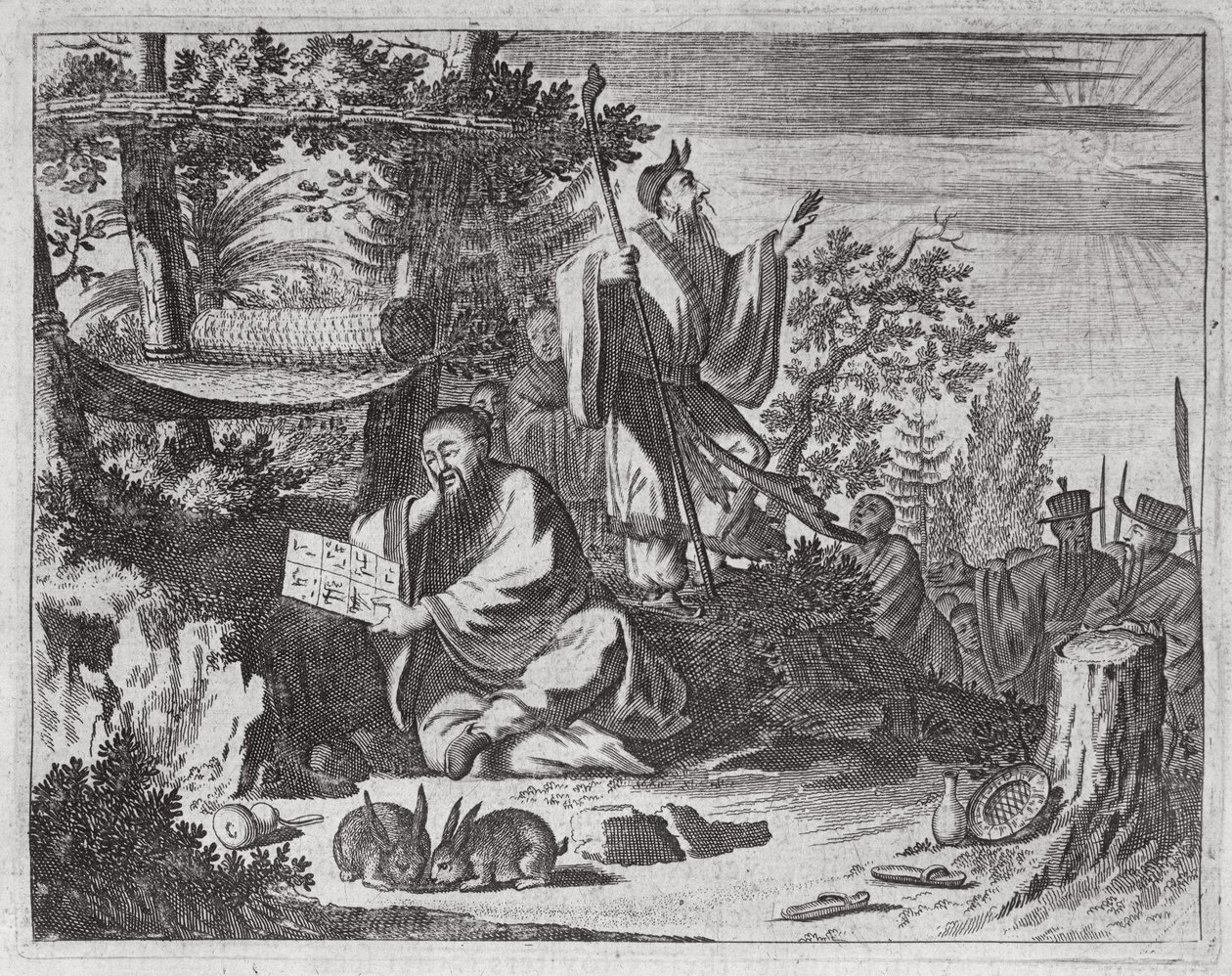 Kiinan pyhät miehet, kuva Kiinan suurlähetystöjen kuvauksesta, 1690 tekijältä English School