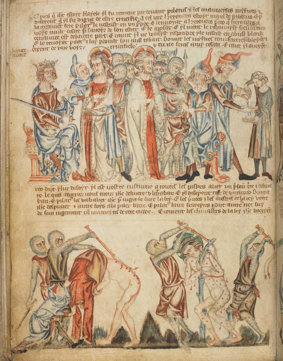 Kristus Herodeksen ja Pilatuksen edessä; Herodes pesee kätensä; Kristuksen lyöminen, Add. 47682, f.30v, c.1320-30 (vellum) tekijältä English School