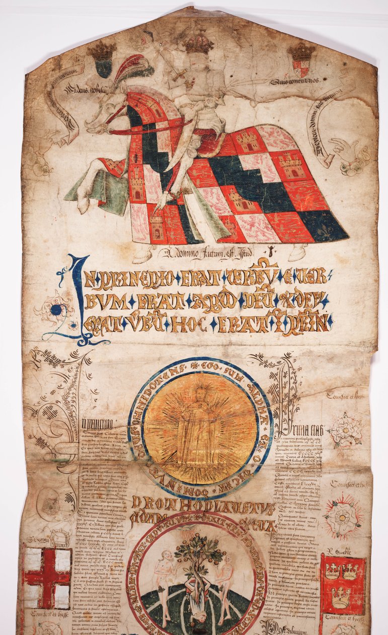 Kronikka maailman historiasta luomisesta Wodeniin, jossa on Edward IV:n sukututkimus (Edward IV Roll), aloitusosio Edward IV:n muotokuvalla hevosen selässä, kierroksella Jumalan kanssa ja anot tekijältä English School