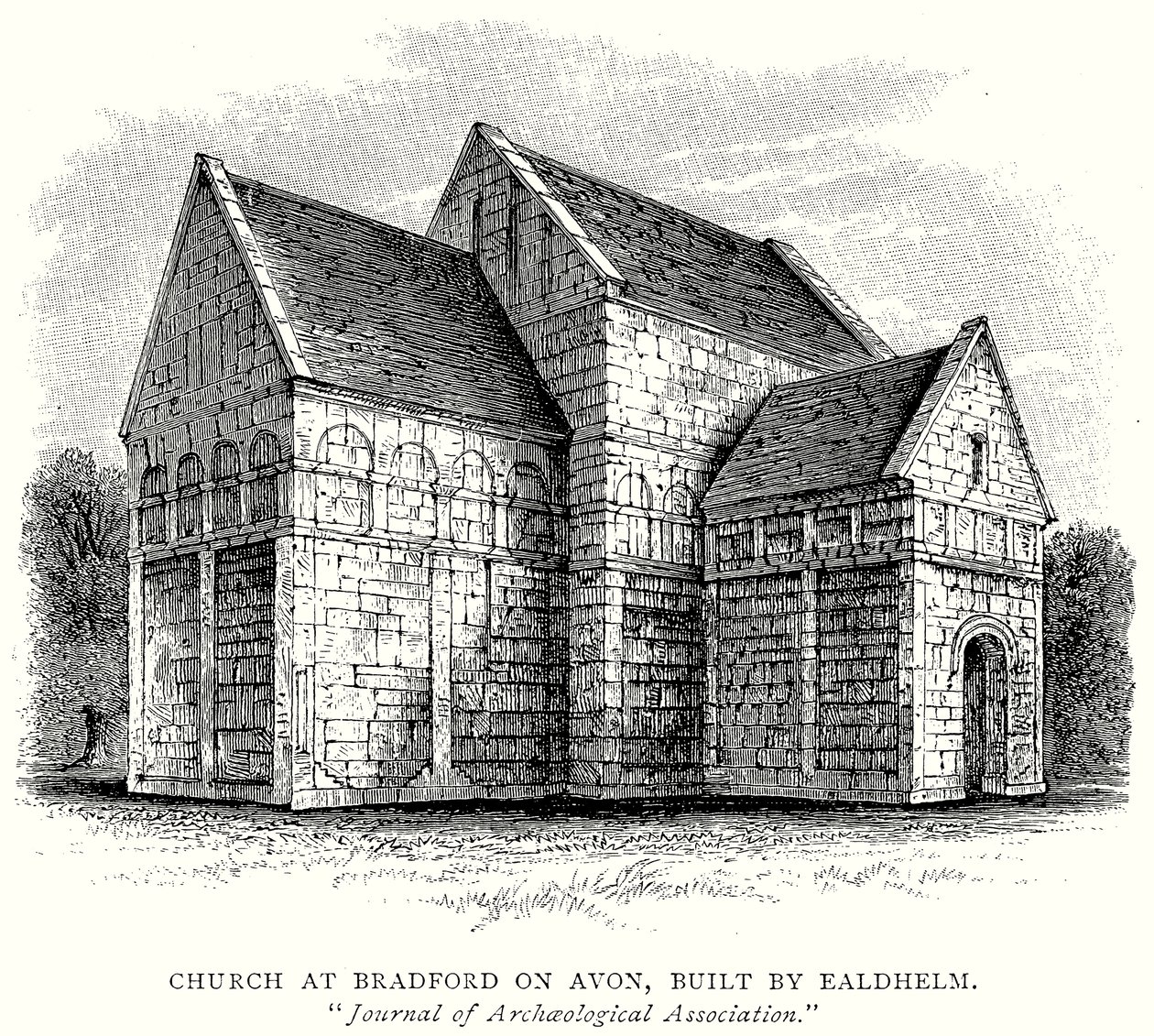 Ealdhelmin rakentama Bradford on Avonin kirkko (kaiverrus). tekijältä English School
