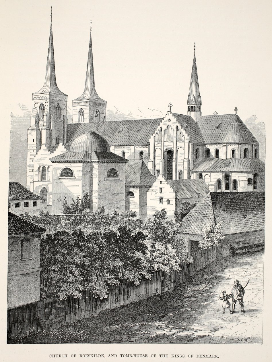 Roeskilden kirkko ja Tanskan kuninkaiden hautatalo, Edward VII:n ja tanskalaisen Alexandran häämuistomerkistä, pub. 1864 (puukaiverrus) tekijältä English School