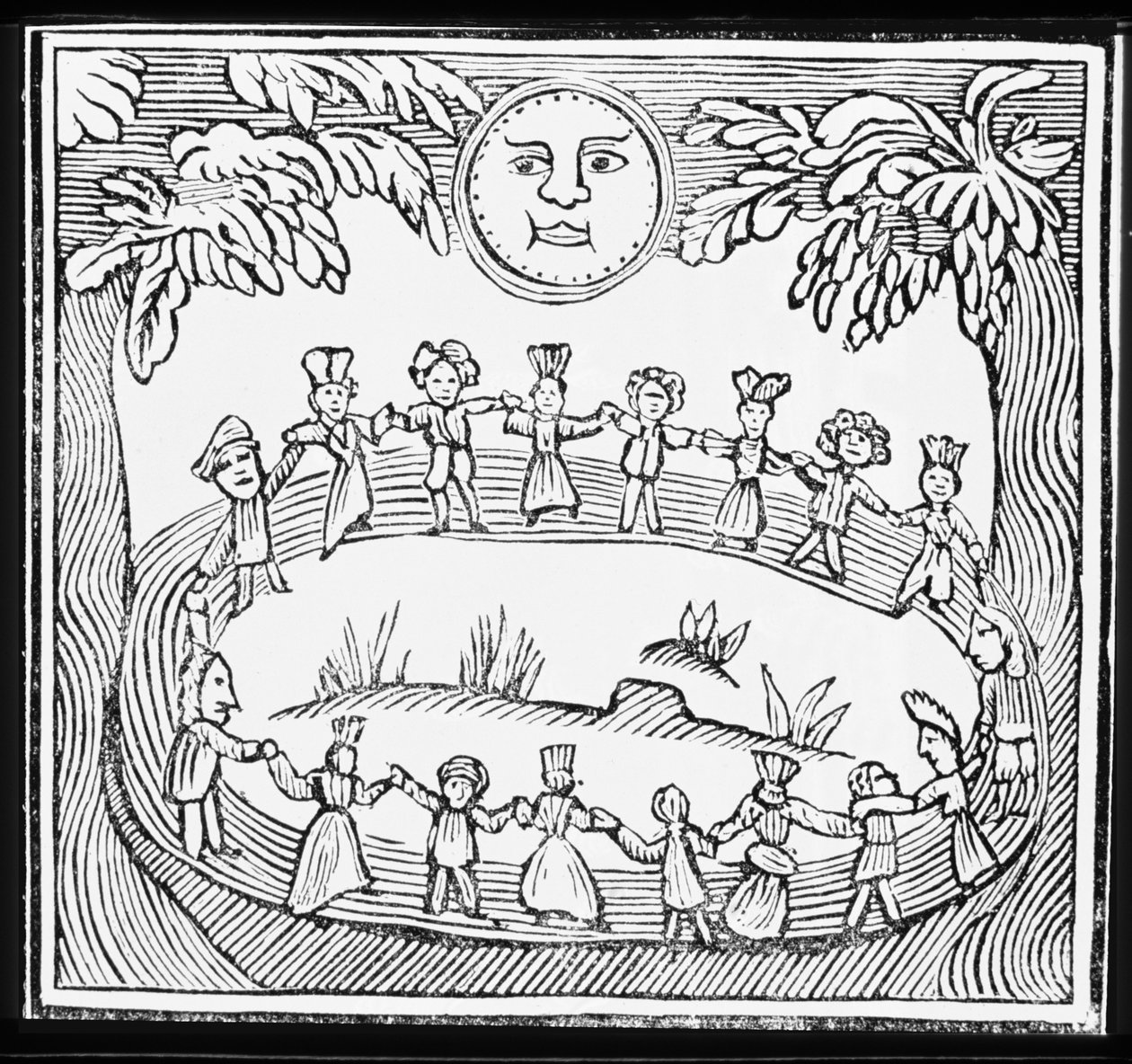 Täysikuun alla tanssivien noitien ympyrä, kuvitus esoteerika-aiheisten chapbook-kokoelmasta tekijältä English School