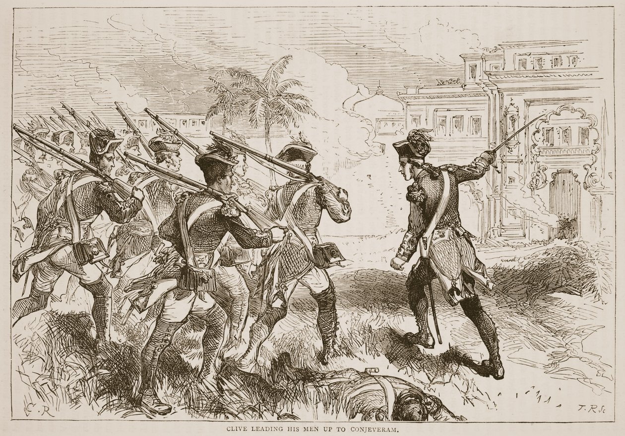Clive johdattelee miehiään Conjeveramiin, kuvitus James Grantin pubista Cassells Illustrated History of India. 1879 tekijältä English School