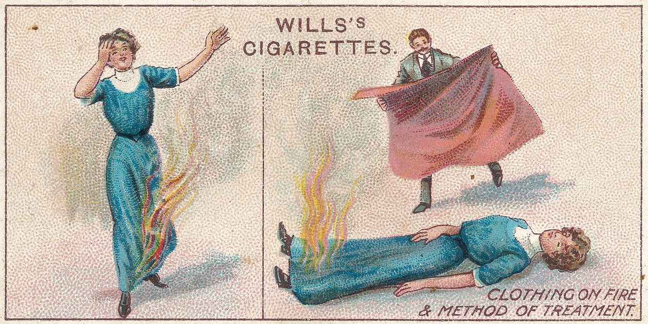 Clothing on Fire, nro 34 Willss Cigarettes -korttien First Aid -sarjasta, 1913 tekijältä English School