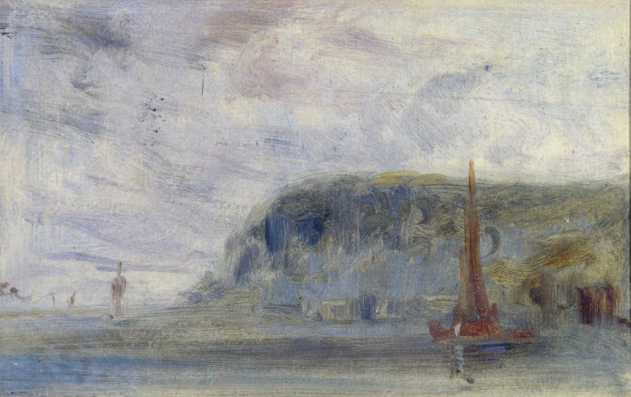 Rannikko kallioilla ja veneillä, jotka on aiemmin lueteltu J.M.W. Turner (1775-1851) ja myös Peter de Wint (1784-1849) (öljy paperille) tekijältä English School