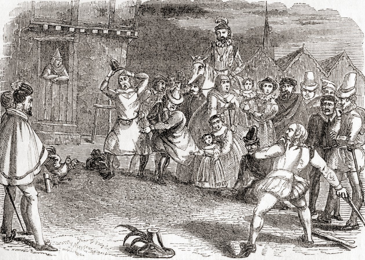 Kukkojen heittely, eli cock-shying tai kukkojen heittely, Vanhasta Englannista: A Pictorial Museum, pub. 1847 tekijältä English School