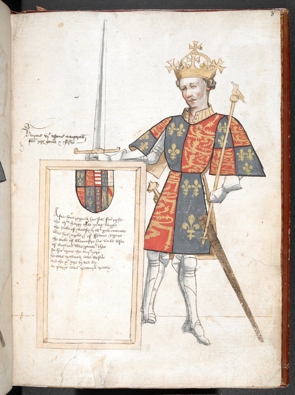 Värillinen piirros Englannin kuninkaasta panssari- ja viirapuvussa (Henry VI), jossa on laatta jakeineen, kuvitus "Sir Thomas Holme
