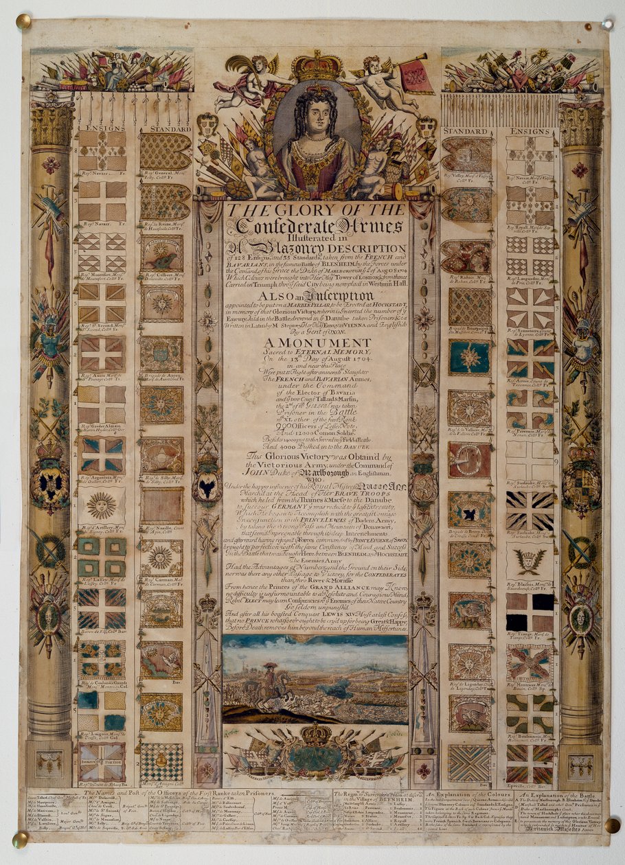 Muistokartta, jossa on ranskalaisilta Blenheimin taistelun jälkeen vangitut standardit, n. 1704 (väriviivakaiverrus) tekijältä English School