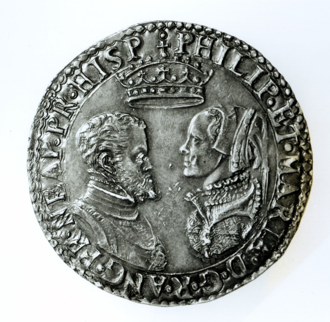 Muistoshilling espanjalaisen Philip II:n (1527-98) ja Englannin Maria I:n (1516-58) avioliitosta 1554 (hopea) tekijältä English School