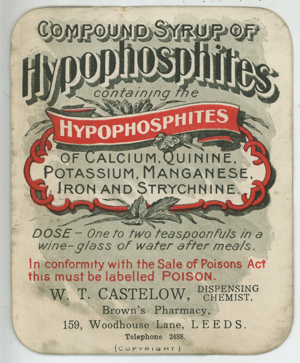 Yhdistelmäsiirappia Hypophosphites etiketti, 1900-luvun alku (väri litho) tekijältä English School