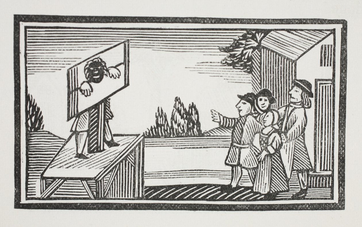 Tuomittu seisomaan yhden tunnin tai useamman pillerin ääressä, kuvitus John Ashtonin pubista Chap-books of the Eightenth Century. 1882 tekijältä English School