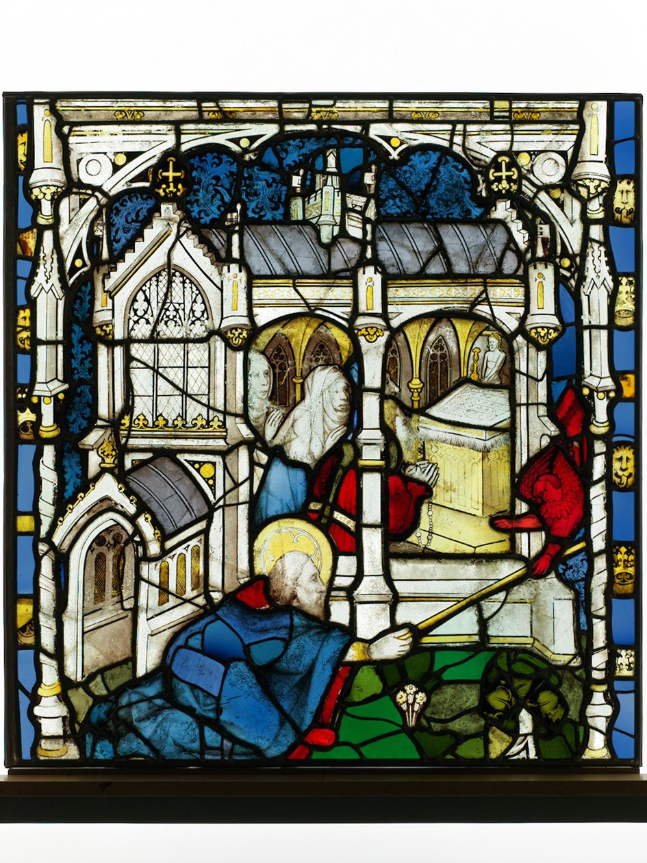 Säilytetty paneeli Great East Windowista York Minsterissä: "St John Measures the Temple" tekijältä English School