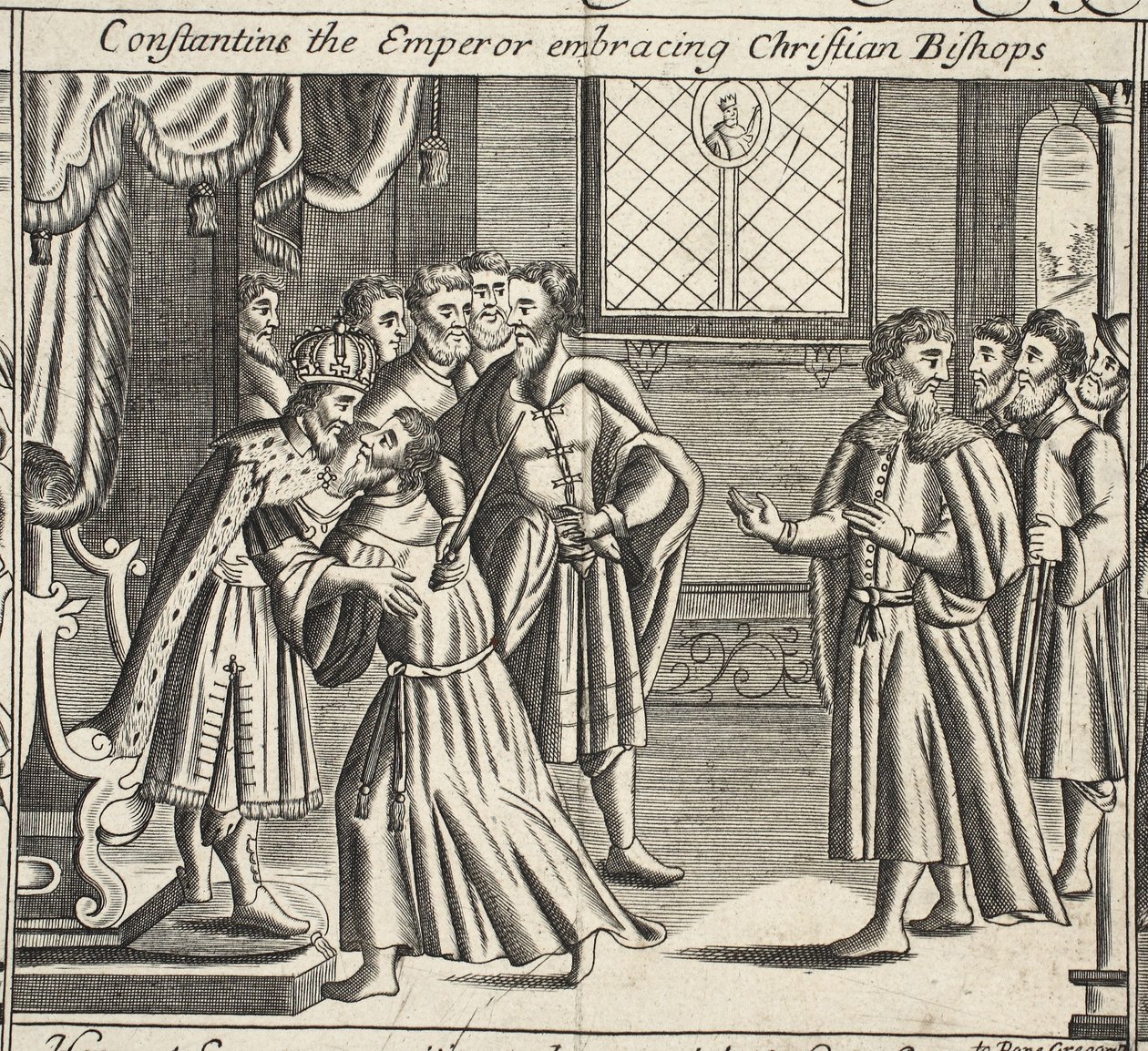 Constantin the Emperor syleilee kristittyjä piispoja, John Foxen kuvitus teoksista Apostolien teot ja monumentit, yhdeksäs painos, pubi. 1684 tekijältä English School