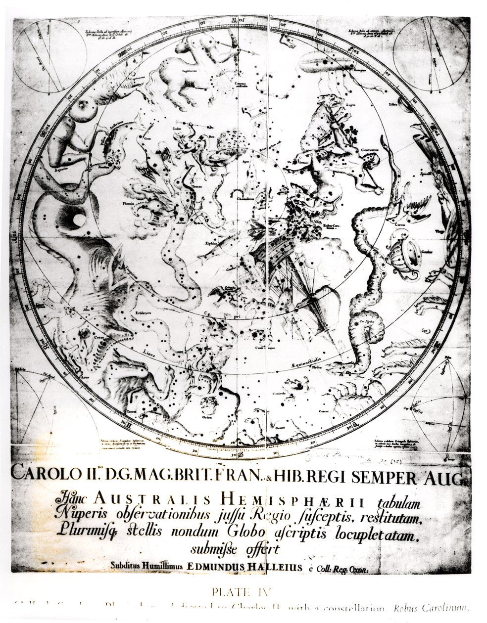 Eteläisen pallonpuoliskon tähdistöjä Sir Edmund Halleyn (1656-1742) "Komeettojen synopsisista" 1705 tekijältä English School