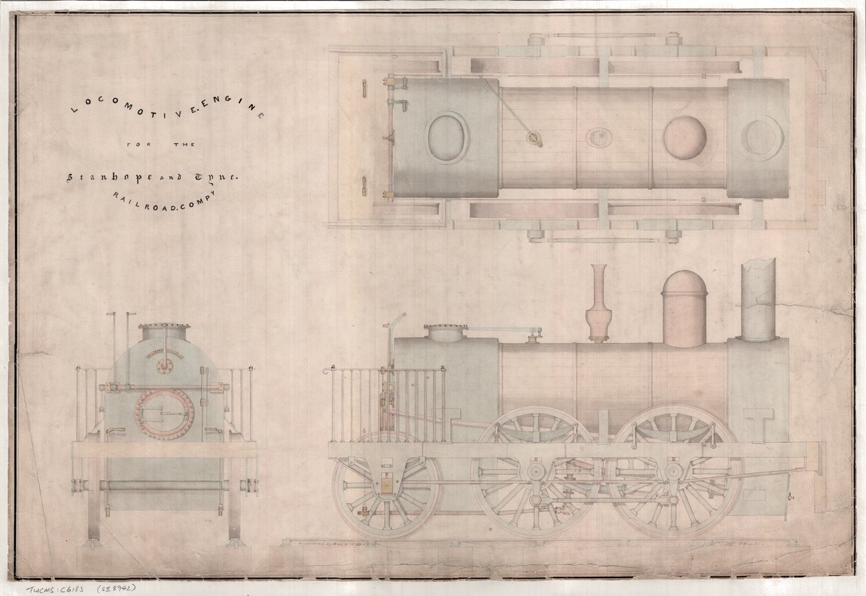 Rakennuspiirustus, 0-4-2 veturi ja R. ja W. Hawthorn and Co:n tarjous Stanhope and Tyne Railway Co:lle tekijältä English School