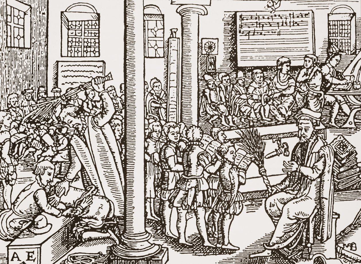 Nykyaikainen puupiirros Tudor-koulusta tekijältä English School