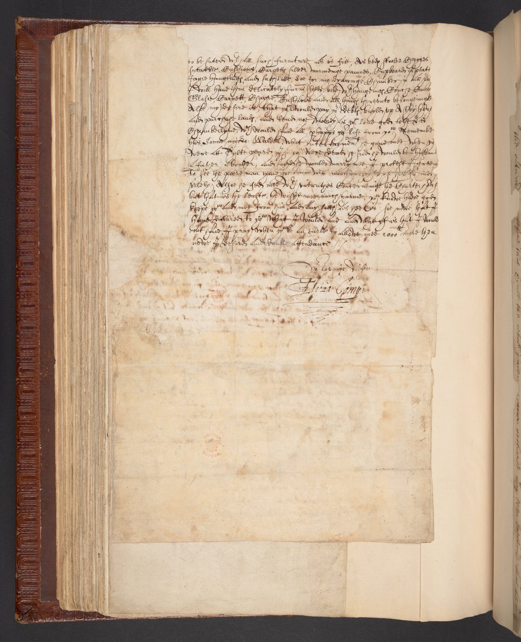 Jäljennös kirjeestä, jonka Lady Elizabeth Compton, myöhemmin Northamptonin kreivitär, on lähettänyt miehelleen, Harley MS 7003, f.158v (kynällä ja tussilla kirjoitettu paperi). tekijältä English School