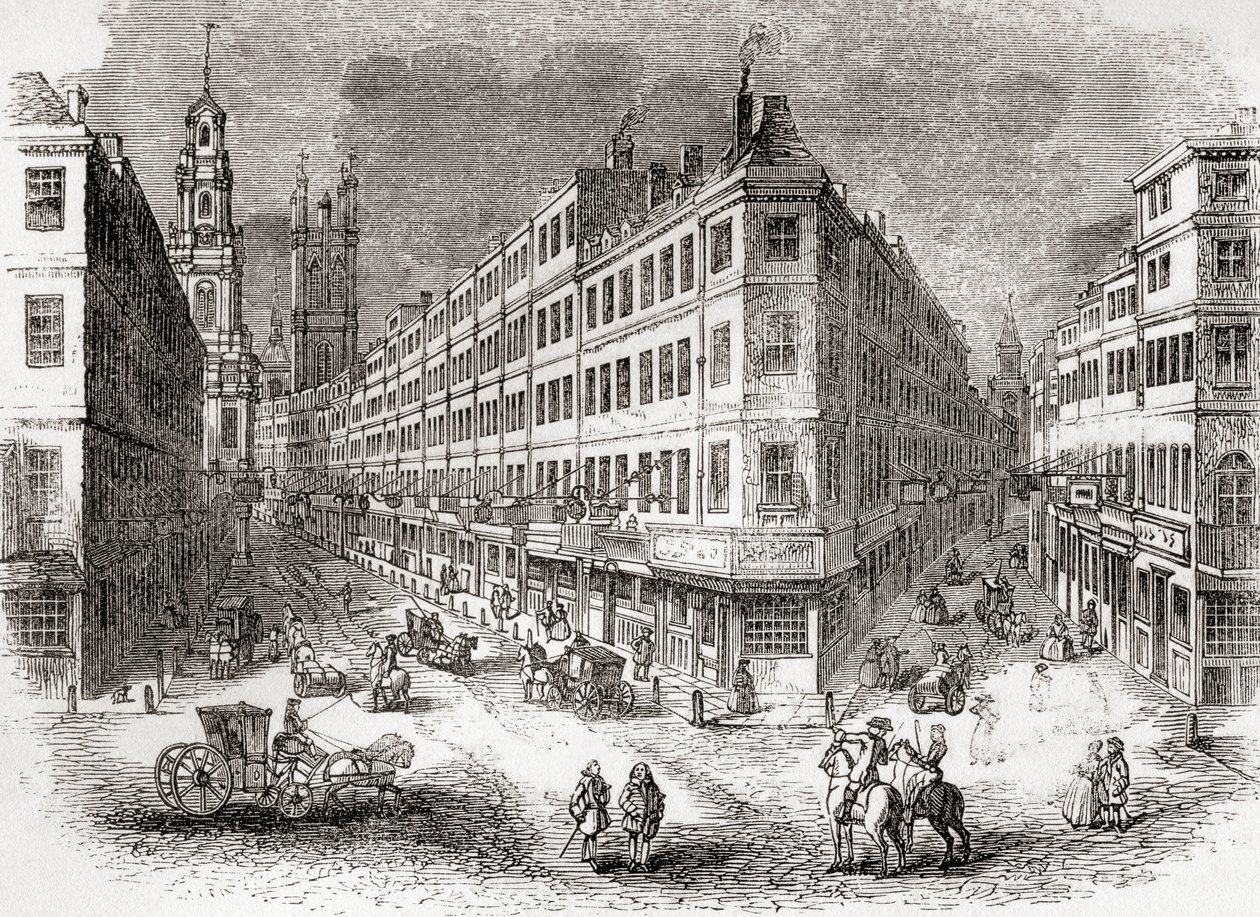Cornhill, The Exchange ja Lombard Street, Lontoo, Englanti 1800-luvun puolivälissä, Vanhasta Englannista: Kuvamuseo, pubi. 1847 tekijältä English School