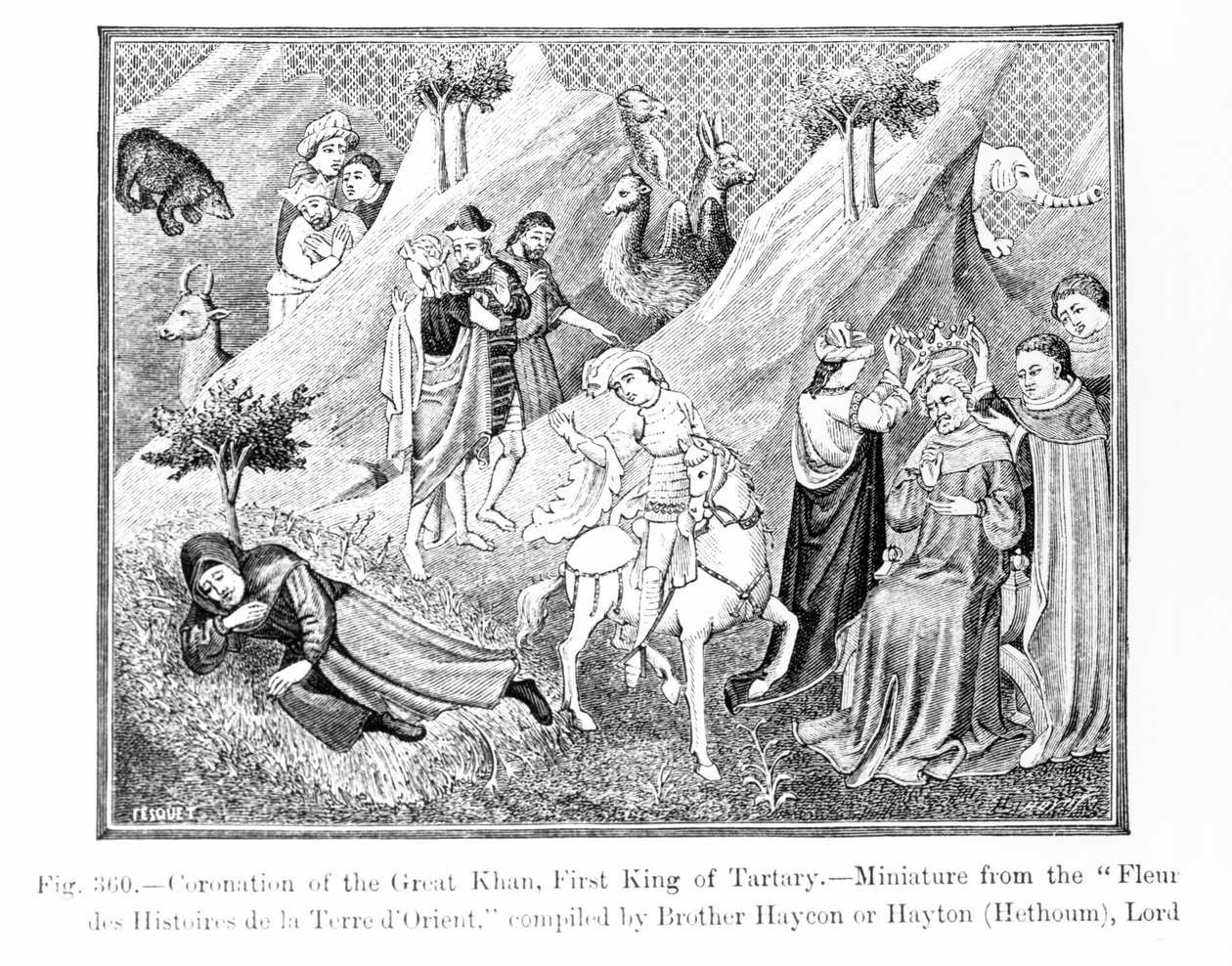 Suuren Khanin (Kublai Khan) kruunaus (1214-94) Tartarin ensimmäinen kuningas, Fleur des Histoires de la Terre dOrient, koonnut Hayton (k.1271), kuvitus tieteestä ja kirjallisuudesta vuonna t. tekijältä English School