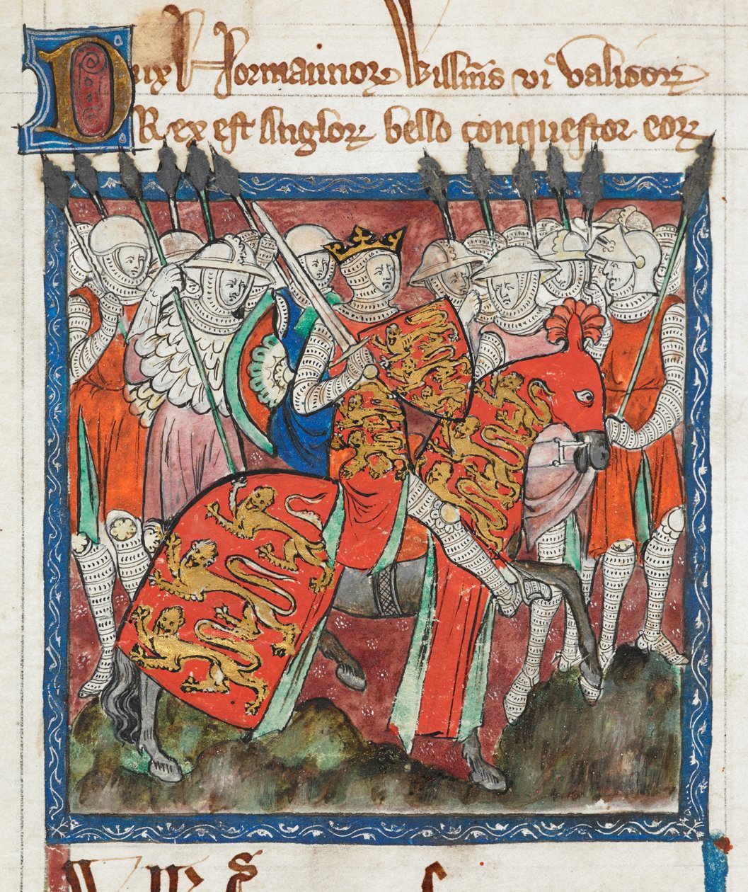 Cott Claud D II f.33 William Valloittaja ratsastaa sotilaidensa kanssa, "Muinaisten kuninkaiden lakien kirja" (vellum) tekijältä English School