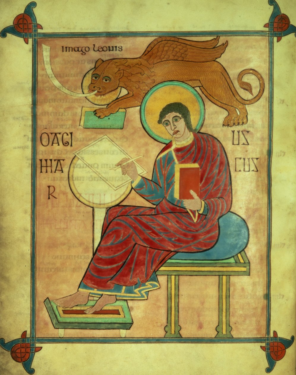 Cott Nero DIV f.93v St. Mark istuu hänen symbolillaan, Lindisfarne Gospels, 710-721 (vellum) tekijältä English School