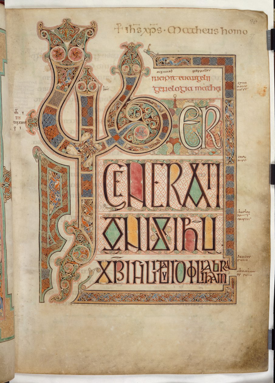 Cott Nero D IV f.27 Alkusivu Pyhän Matteuksen evankeliumille koristeellisilla kirjaimilla 