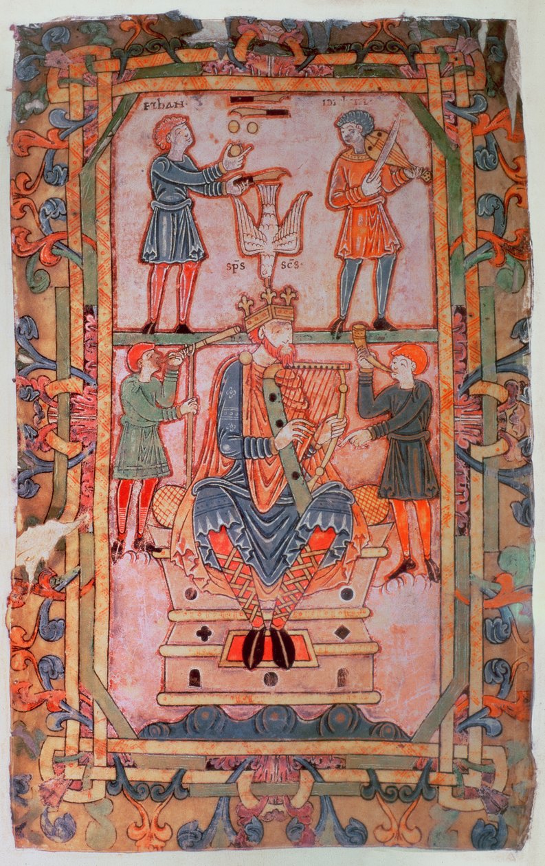 Cott Tib C VI f.30v David soittaa harppuaan, Tiberius Psalter, Winchester, n. 1050 (vellum) tekijältä English School