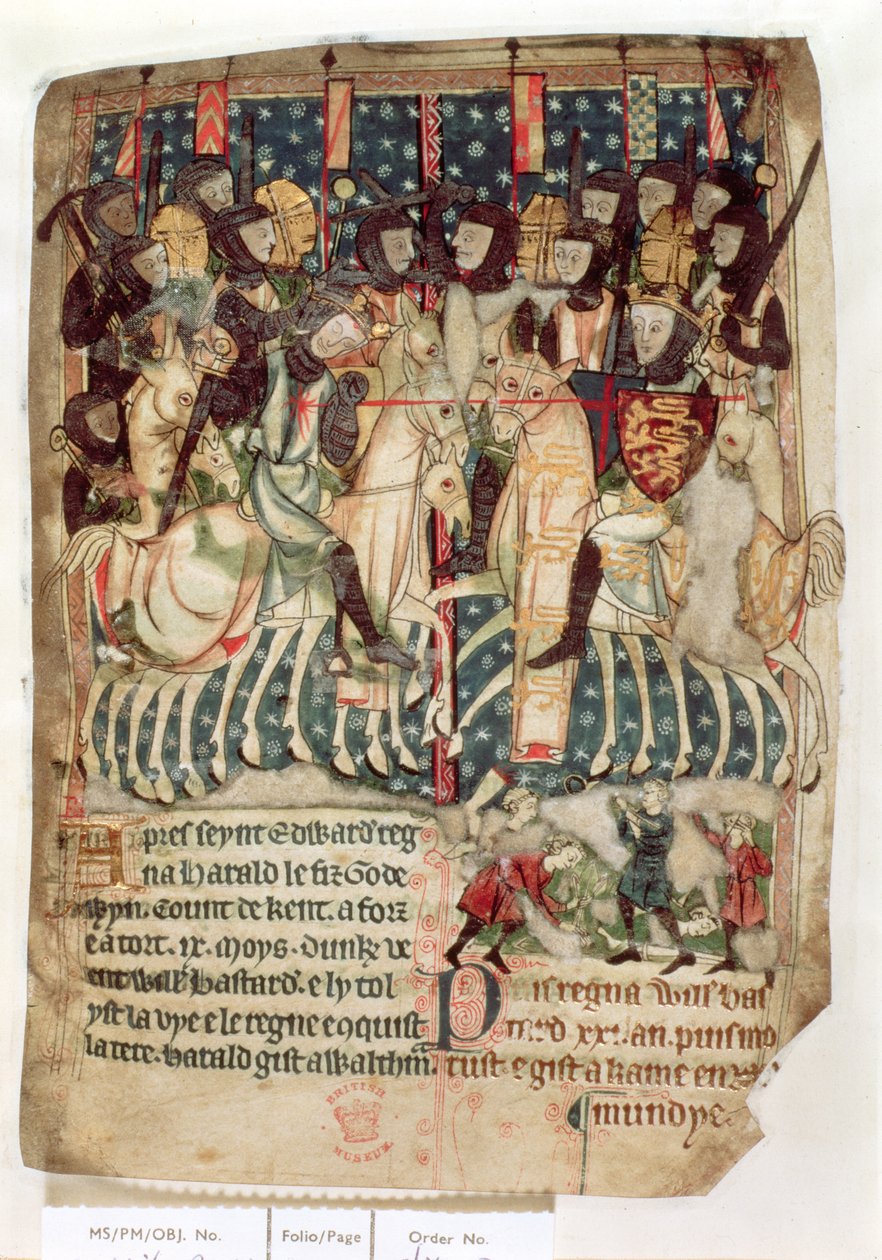 Cott Vitt A XIII f.3v William tappamassa Haroldin Hastingsin taistelussa, anglosaksisten ja normannien Englannin kuninkaiden asetuksista (vellum) tekijältä English School