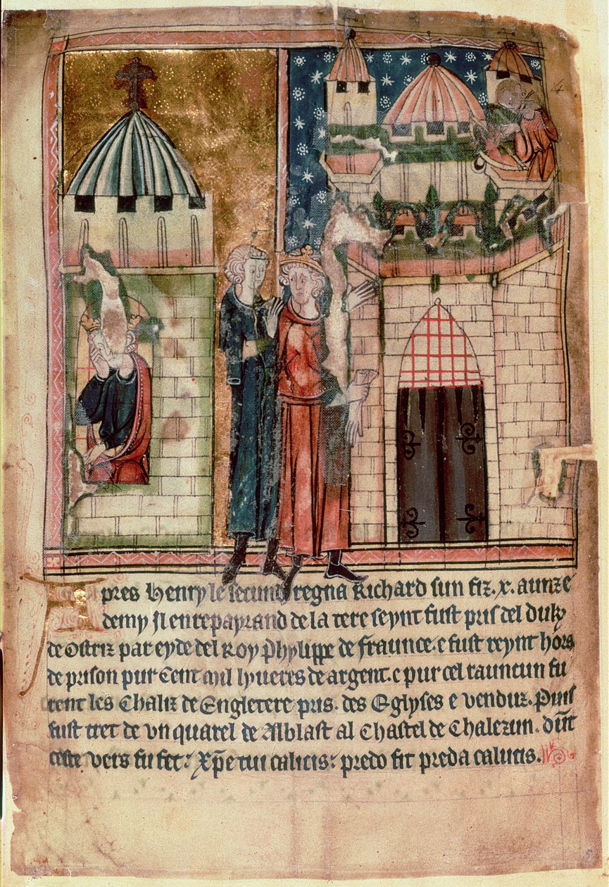 Cott Vitt A XIII f.5 Kaksi kohtausta Richard I:n elämästä teoksesta "Anglosaksisen ja normannien Englannin kuninkaiden asetukset" (vellum) tekijältä English School