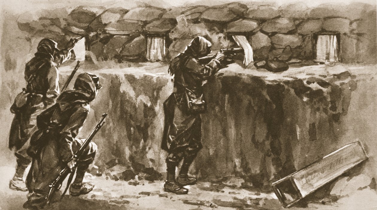 Mökin ikkunaverhot Trench-silmukanreikäverhoina: ranskalainen keino hämmentää vihollisen ampujaa, The Illustrated War News, 1915 tekijältä English School