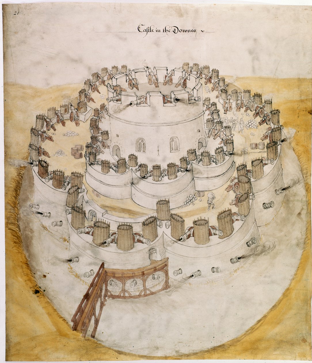 Puuvilla Augustus I. i. f.20 Värillinen lintuperspektiivikuva "linnasta Downesissa". Todennäköisesti Deal Castlen varhainen suunnittelu tekijältä English School